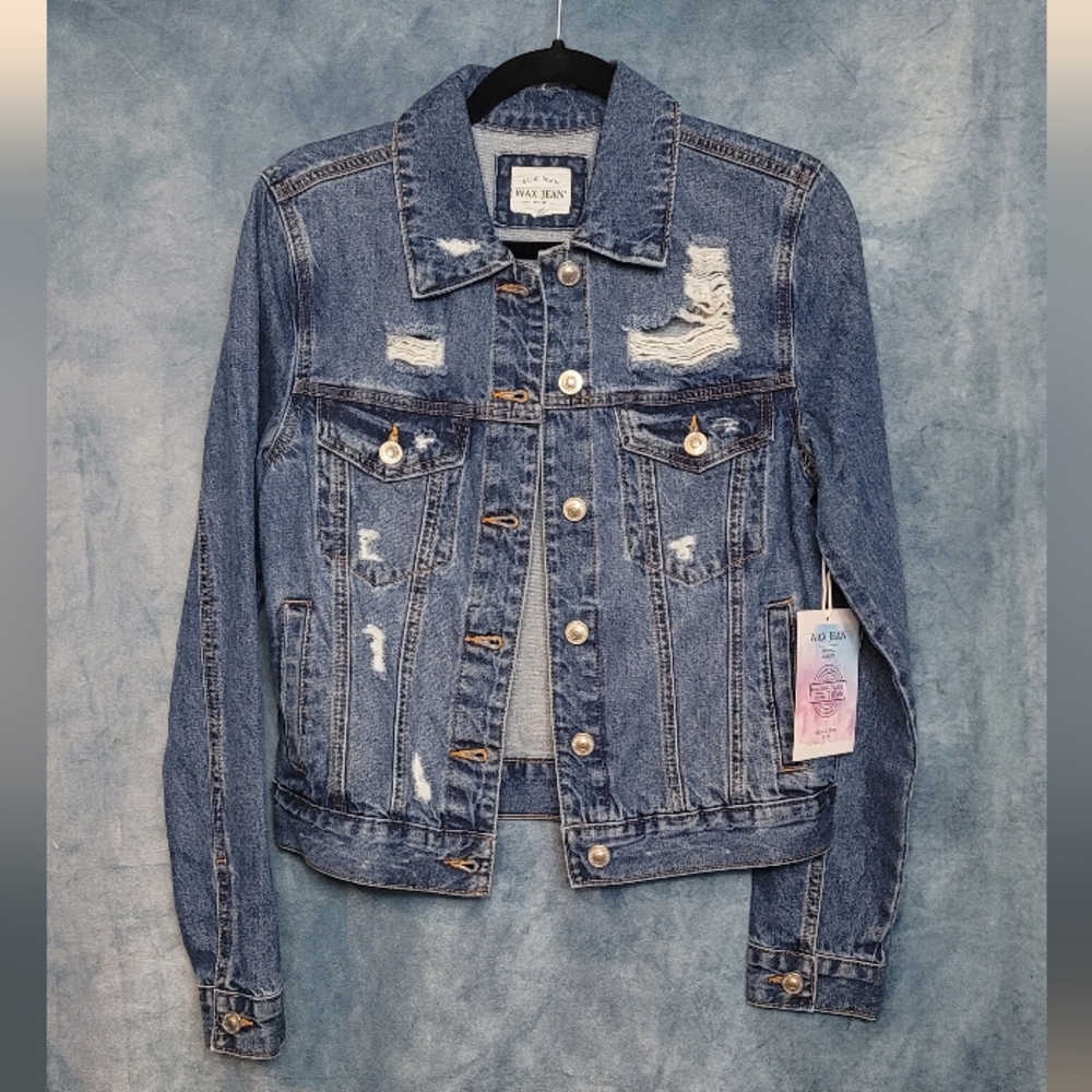 NWT, Wax Jean Blue Distressed Denim Jacket – 100% Cotton, Sizes: Multiple